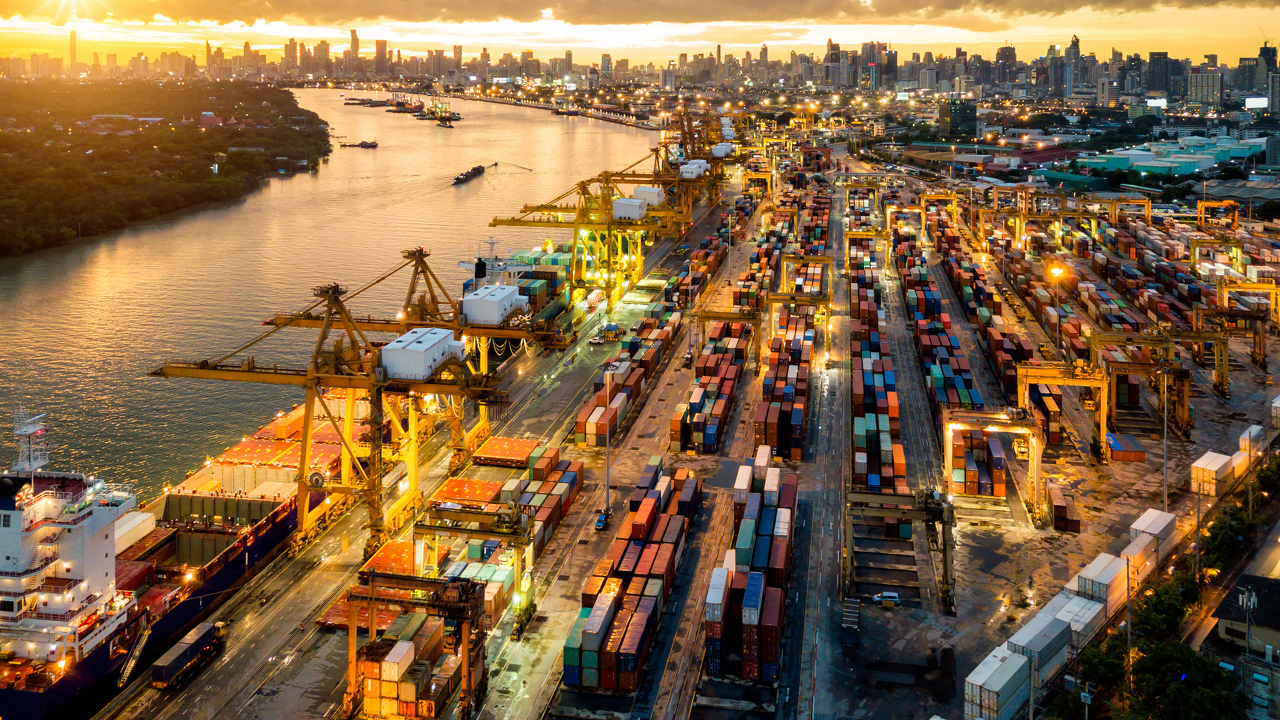 A shipping centre with beautiful sunset; image used for HSBC Australia other investment options.