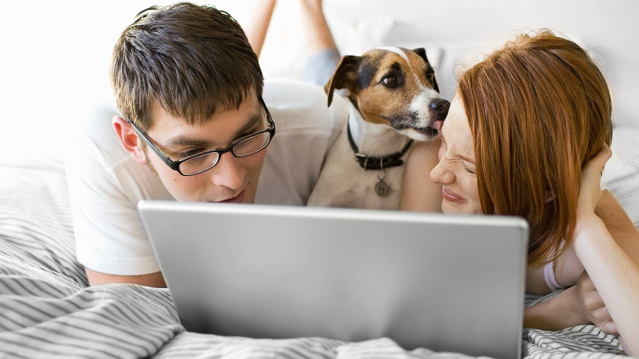 A couple using laptop with their puppy on bed; image used for HSBC Australia everything you need to know about solicitors, conveyancing and property searches